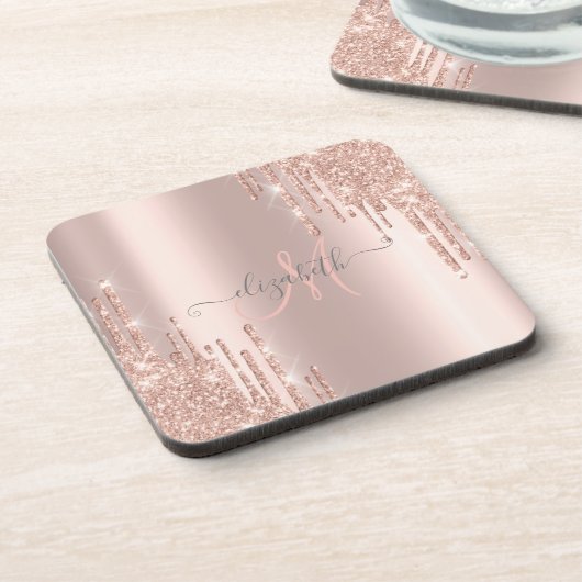 Moderne Glitter Drift Roos Gold Monogram Bier Onderzetter (Linkerzijde)