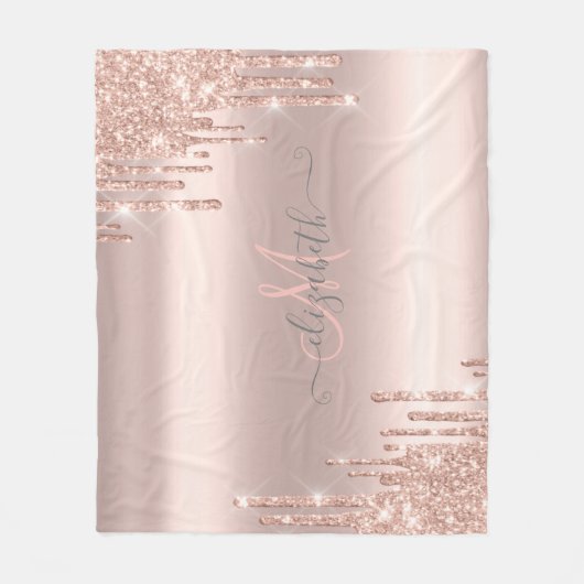 Moderne Glitter Drift Roos Gold Monogram Fleece Deken (Voorkant)