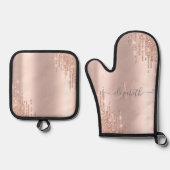 Moderne Glitter Drift Roos Gold Monogram Ovenwant & Pannenlap Set (Voorkant)