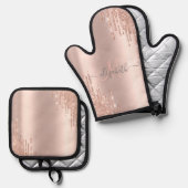 Moderne Glitter Drift Roos Gold Monogram Ovenwant & Pannenlap Set (Voorkant / Achterkant)