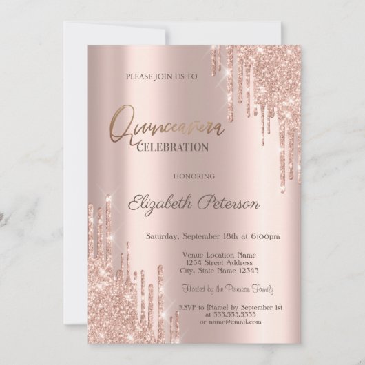 Moderne Glitter Drift Roos Gold Quinceañera Kaart (Voorkant)