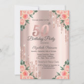 Moderne Glitter Drips Bloem Roze Goud 50ste Kaart (Voorkant)