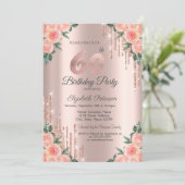 Moderne Glitter Drips Bloem Roze Goud 60ste Kaart (Staand voorkant)