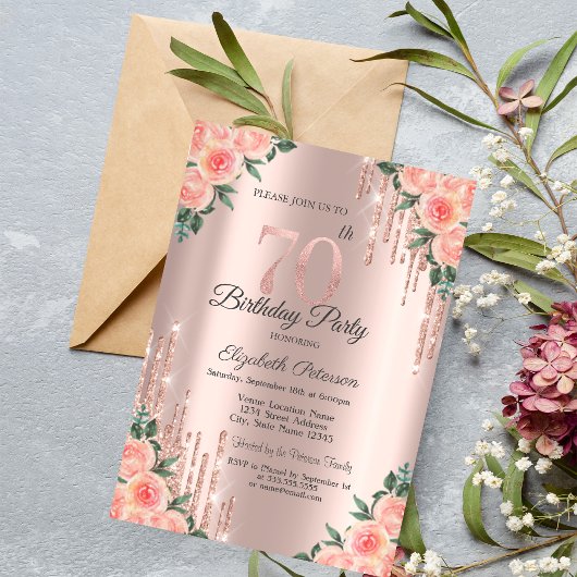 Moderne Glitter Drips Bloem Roze Goud 70ste Kaart