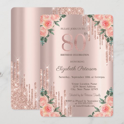 Moderne Glitter Drips Bloem Roze Goud 80ste Kaart (Voorkant / Achterkant)