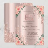 Moderne Glitter Drips Bloem Roze Goud 85ste Kaart (Voorkant / Achterkant)
