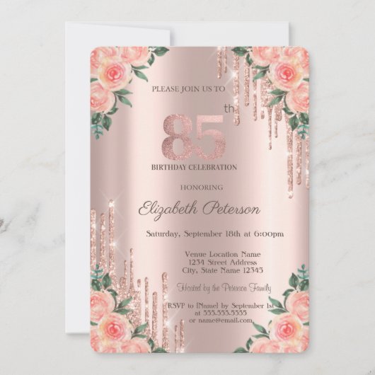 Moderne Glitter Drips Bloem Roze Goud 85ste Kaart (Voorkant)