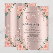 Moderne Glitter Drips Bloem Roze Goud 90ste Kaart (Voorkant / Achterkant)