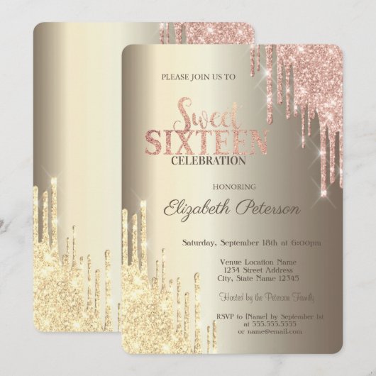 Moderne Glitter Drips Champagne Gold Sweet 16 Kaart (Voorkant / Achterkant)
