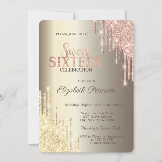Moderne Glitter Drips Champagne Gold Sweet 16 Kaart (Voorkant)