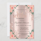 Moderne Glitter Drips Floral Roos Gold Sweet 16 Kaart (Voorkant)