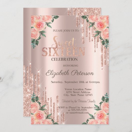 Moderne Glitter Drips Floral Roos Gold Sweet 16 Kaart (Voorkant / Achterkant)