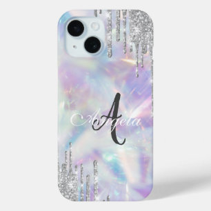 Moderne Glitter Drips Holografisch, Monogram iPhone 15 Case