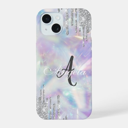 Moderne Glitter Drips Holografisch,Monogram iPhone 15 Case (Achterkant)