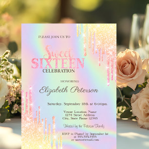 Moderne Glitter Drips Holografische Sweet 16 Kaart