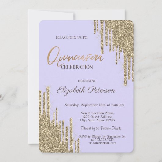 Moderne Glitter Drips Lavander Quinceañera Kaart (Voorkant)