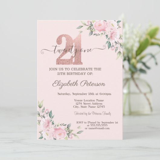 Moderne Glitter Drips Roos Gold 21e verjaardag Inv Kaart (Staand voorkant)