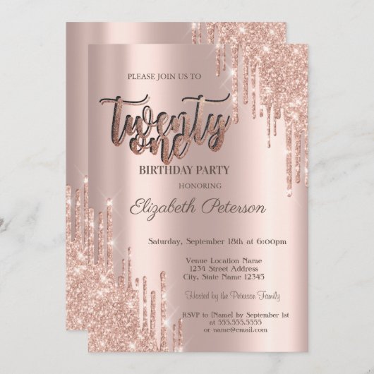 Moderne Glitter Drips Roos Gold 21e verjaardag Kaart (Voorkant / Achterkant)