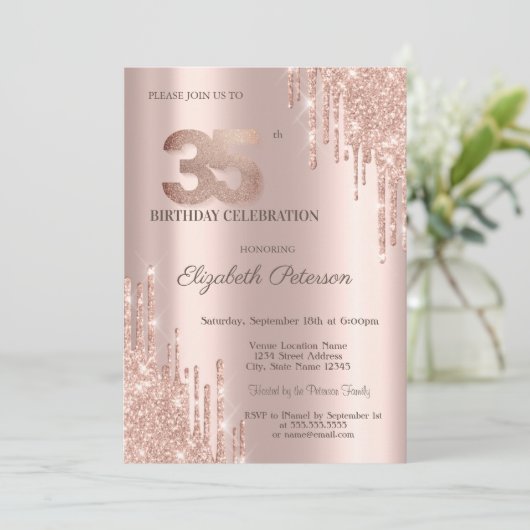 Moderne Glitter Drips Roos Gold 35e verjaardag Kaart (Staand voorkant)