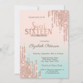 Moderne Glitter Drips Roos Gold Ombre Sweet 16 Kaart (Voorkant)