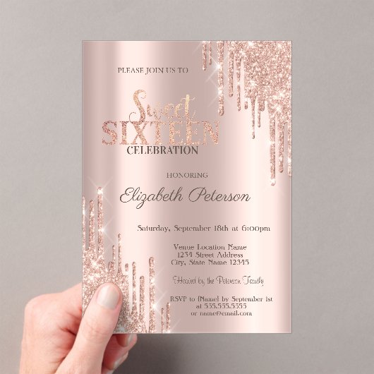 Moderne Glitter Drips Roos Gold Sweet 16 Acryl Uitnodigingen (Insitu (Draagbaar))