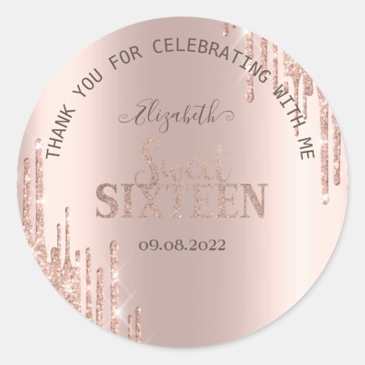 Moderne Glitter Drips Roos Gold Sweet 16 Ronde Sticker (Voorkant)