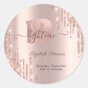 Moderne Glitter Drips Roze Goud 18e Verjaardag Ronde Sticker