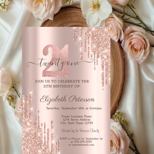 Moderne Glitter Drips Roze Goud 21e Verjaardag Kaart