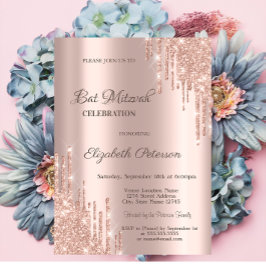Moderne Glitter Drips Roze Goud Bar Mitswa Kaart