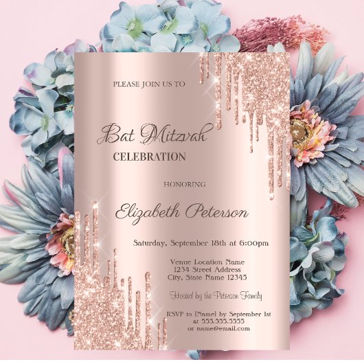 Moderne Glitter Drips Roze Goud Bar Mitswa Kaart