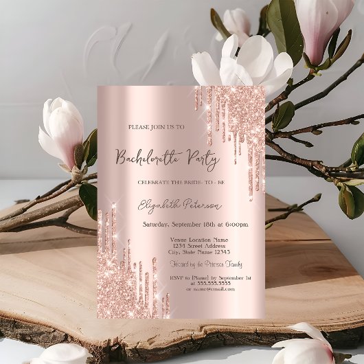 Moderne Glitter Drips Roze Goud Hen Party Kaart