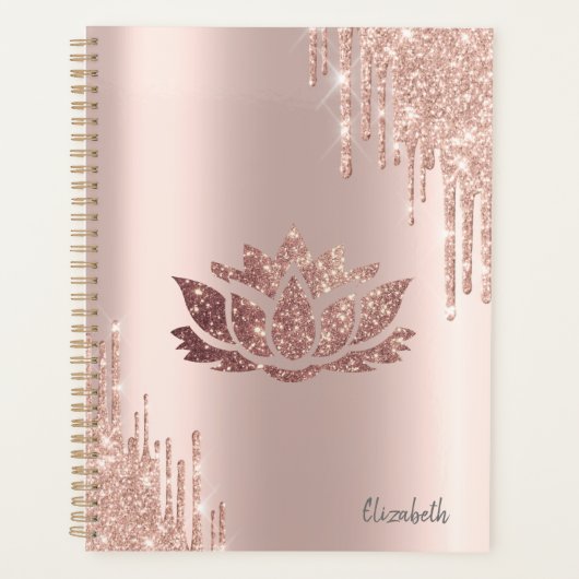 Moderne Glitter Drips Roze Goud Lotus Planner (Voorkant)