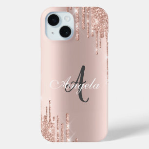 Moderne Glitter Drips Roze Goud,Monogram iPhone 15 Case