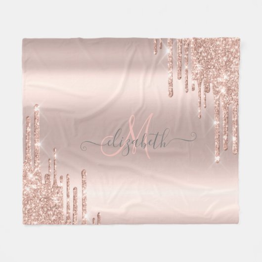 Moderne Glitter Drips Roze Goud Monogram Fleece Deken (Voorkant (Horizontaal))