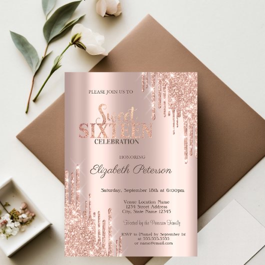 Moderne Glitter Drips Roze Goud Sweet 16 Kaart