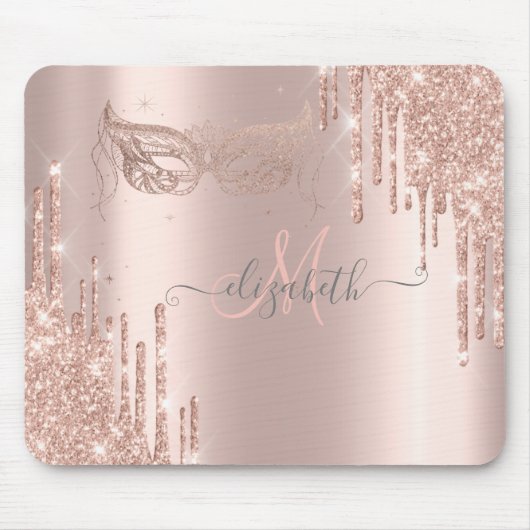 Moderne Glitter Drips Roze Gouden Masker Monogram Muismat (Voorkant)