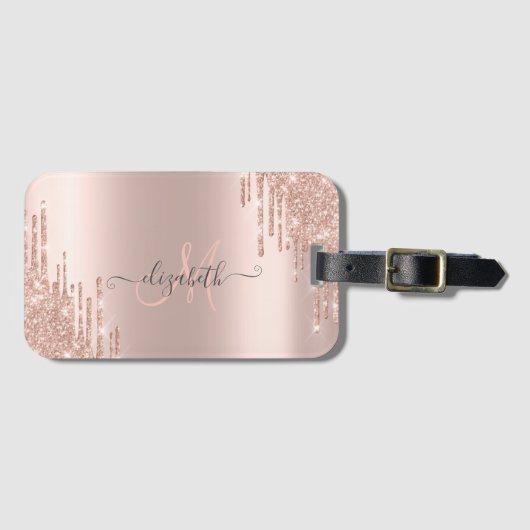 Moderne Glitter Drips Roze Gouden Monogram Bagagelabel (Voorkant (horizontaal))