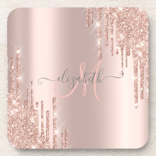 Moderne Glitter Drips Roze Gouden Monogram Bier Onderzetter (Voorkant)