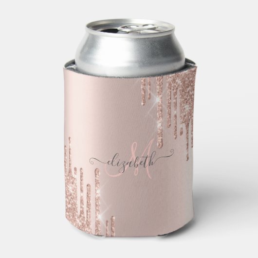 Moderne Glitter Drips Roze Gouden Monogram Blikjeskoeler (Blikje Voorkant)
