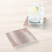 Moderne Glitter Drips Roze Gouden Monogram Glazen Onderzetter (Schuin)