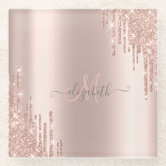 Moderne Glitter Drips Roze Gouden Monogram Glazen Onderzetter (Voorkant)