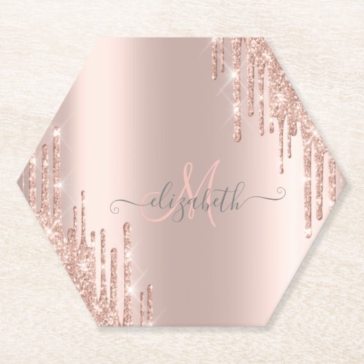 Moderne Glitter Drips Roze Gouden Monogram Kartonnen Onderzetters (Voorkant)