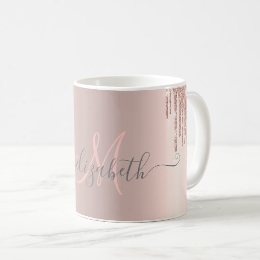 Moderne Glitter Drips Roze Gouden Monogram Koffiemok (Voorkant rechts)
