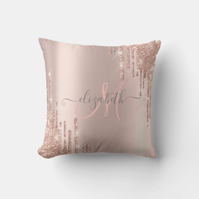 Moderne Glitter Drips Roze Gouden Monogram Kussen (Voorkant)