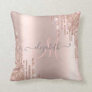 Moderne Glitter Drips Roze Gouden Monogram Kussen