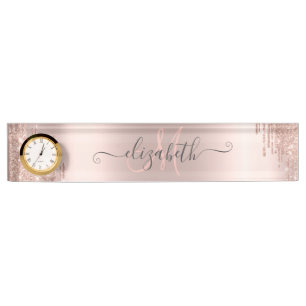 Moderne Glitter Drips Roze Gouden Monogram Naambordje