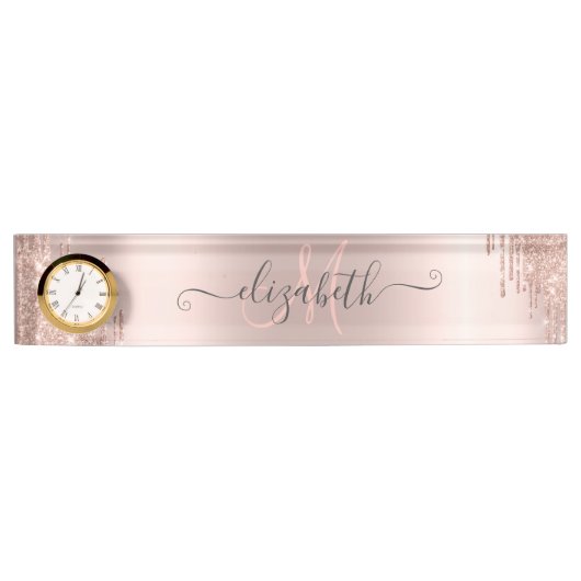 Moderne Glitter Drips Roze Gouden Monogram Naambordje (Voorkant)