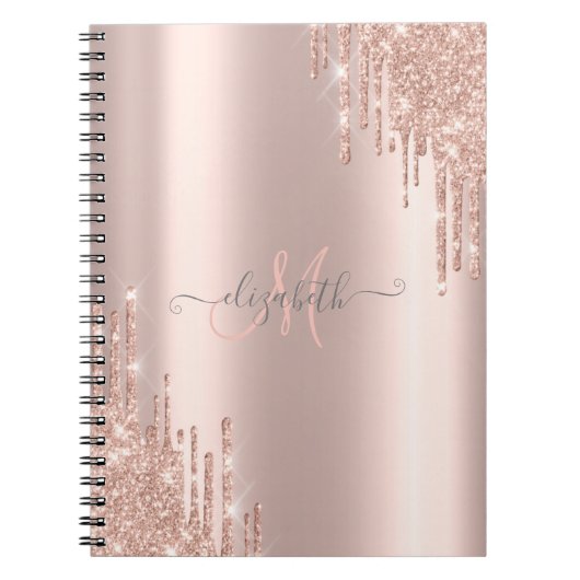 Moderne Glitter Drips Roze Gouden Monogram Notitieboek (Voorkant)