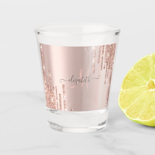 Moderne Glitter Drips Roze Gouden Monogram Shot Glas (Voorkant)