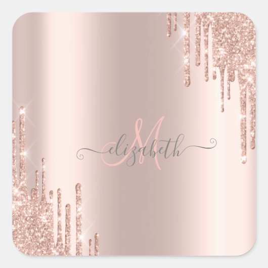 Moderne Glitter Drips Roze Gouden Monogram Vierkante Sticker (Voorkant)